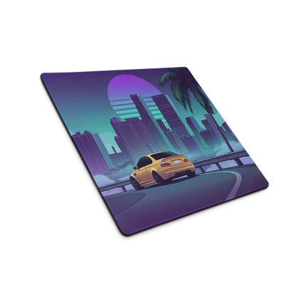 BMW M3 E46 Inspired Gold Purple Vaporwave Gaming Mouse Pad, Retro Sports Coupe Desk Mat with Neon Futuristic City and Palm Tree Artwork