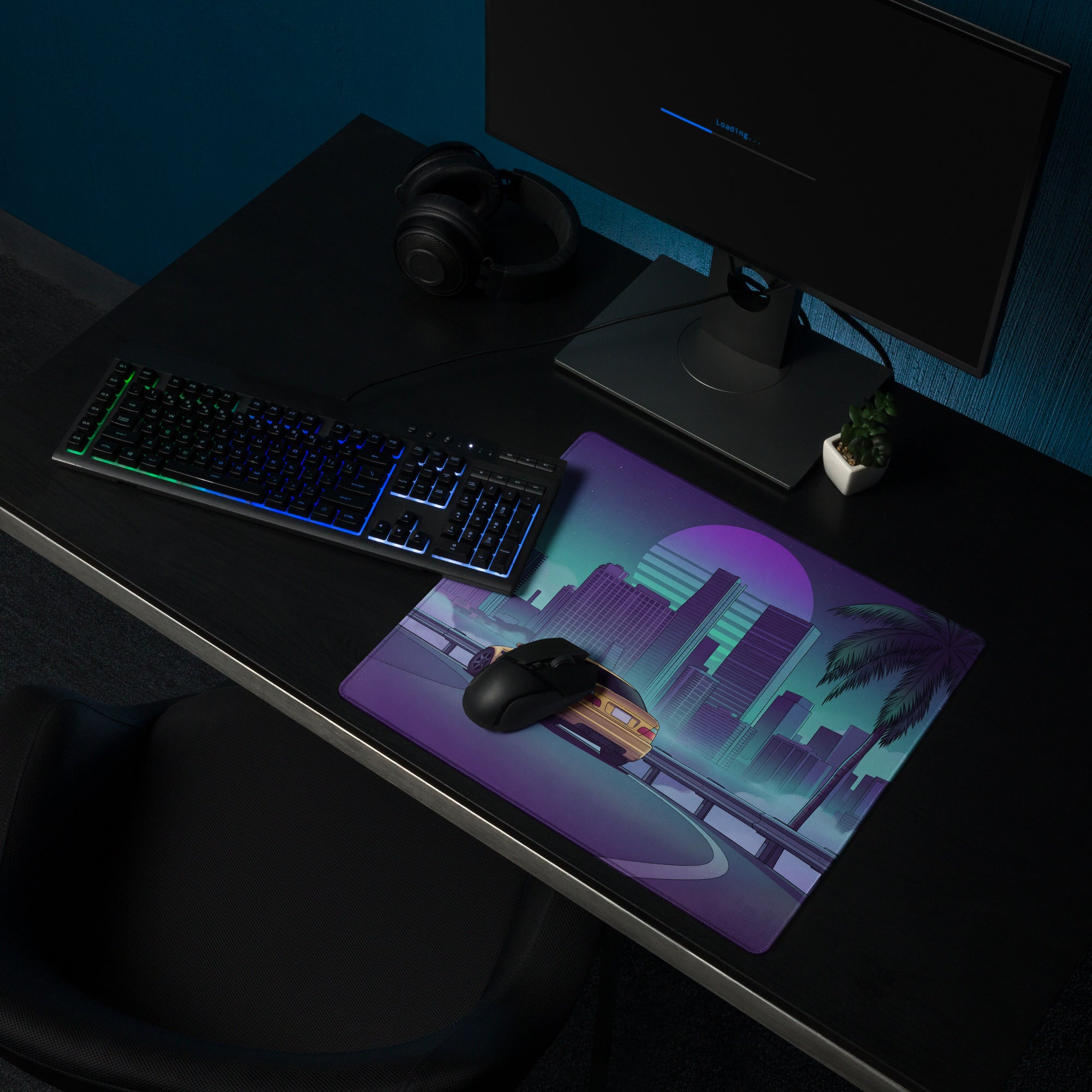 BMW M3 E46 Inspired Gold Purple Vaporwave Gaming Mouse Pad, Retro Sports Coupe Desk Mat with Neon Futuristic City and Palm Tree Artwork
