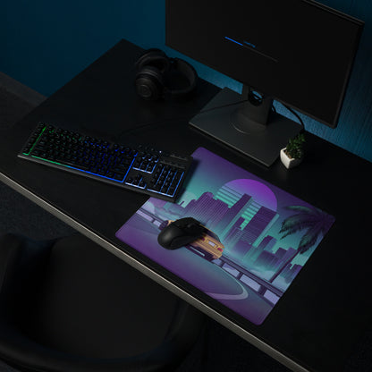BMW M3 E46 Inspired Gold Purple Vaporwave Gaming Mouse Pad, Retro Sports Coupe Desk Mat with Neon Futuristic City and Palm Tree Artwork