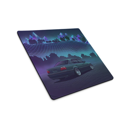 BMW 7 Series E38 Inspired Green Purple Vaporwave Gaming Mouse Pad, Retro Luxury Sedan Desk Mat with Neon Grid Forest Artwork