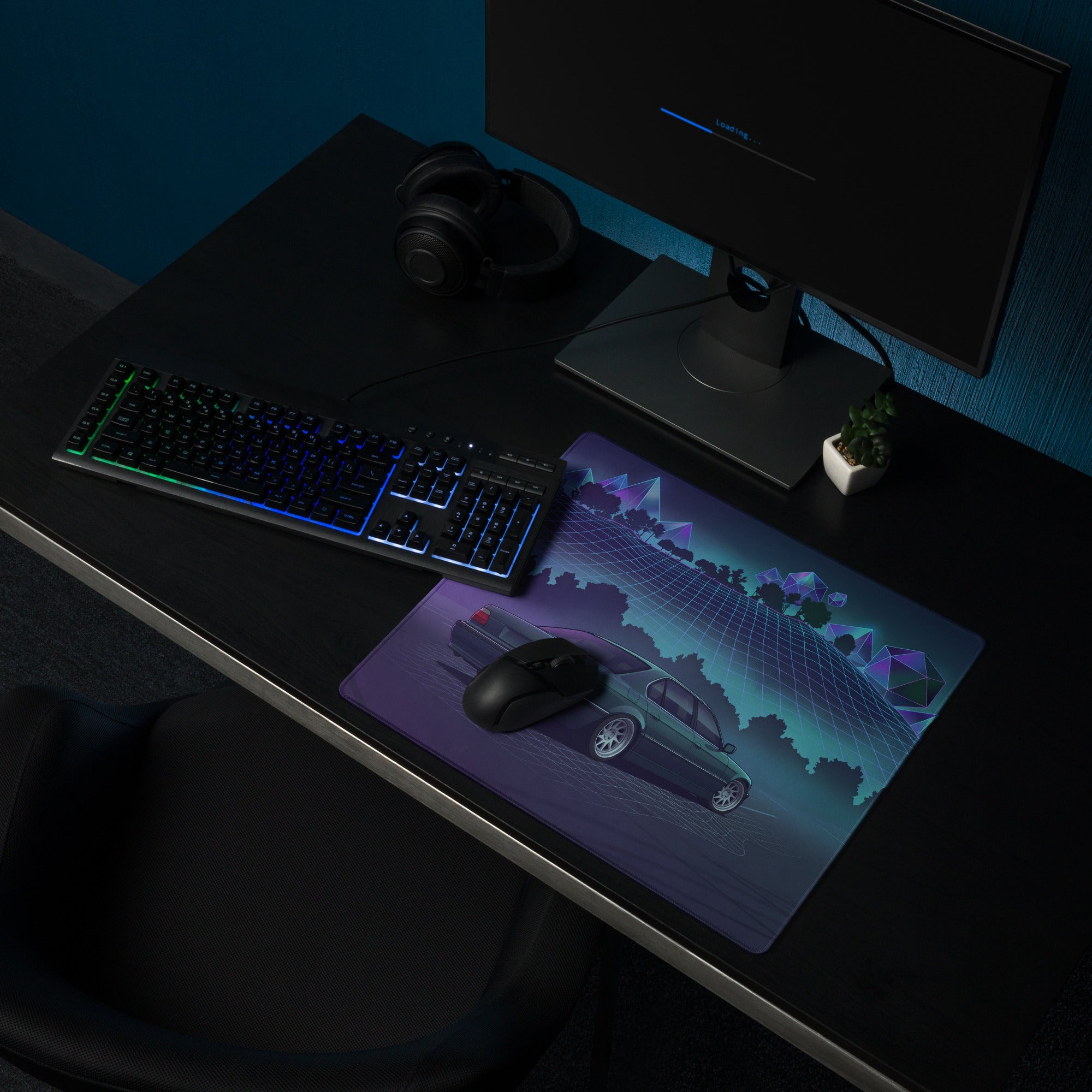 BMW 7 Series E38 Inspired Green Purple Vaporwave Gaming Mouse Pad, Retro Luxury Sedan Desk Mat with Neon Grid Forest Artwork