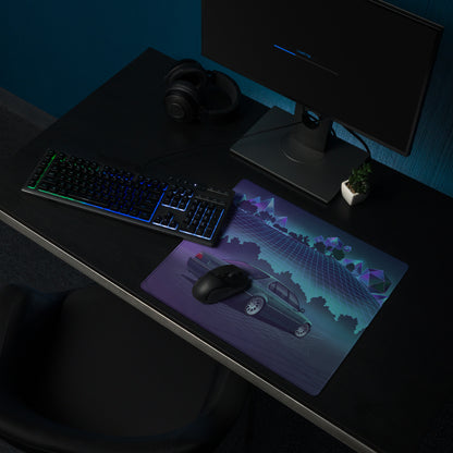 BMW 7 Series E38 Inspired Green Purple Vaporwave Gaming Mouse Pad, Retro Luxury Sedan Desk Mat with Neon Grid Forest Artwork