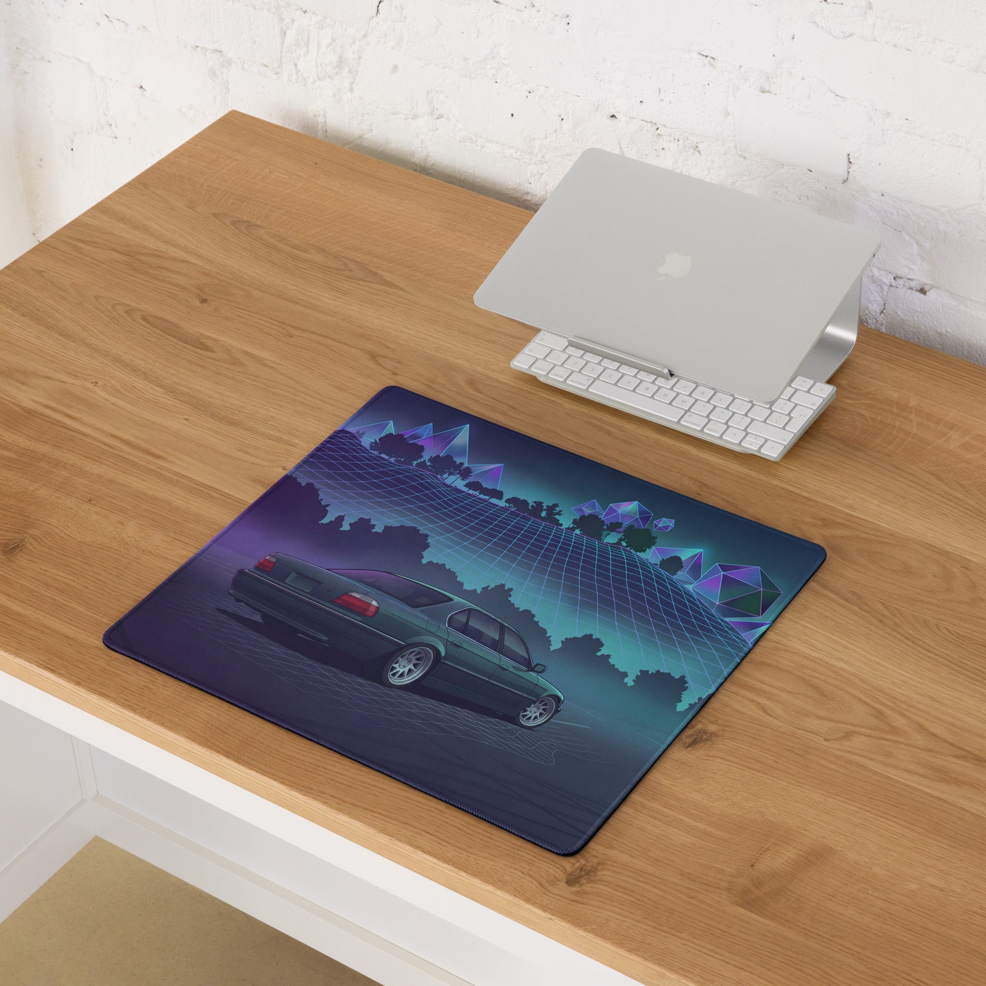 BMW 7 Series E38 Inspired Green Purple Vaporwave Gaming Mouse Pad, Retro Luxury Sedan Desk Mat with Neon Grid Forest Artwork