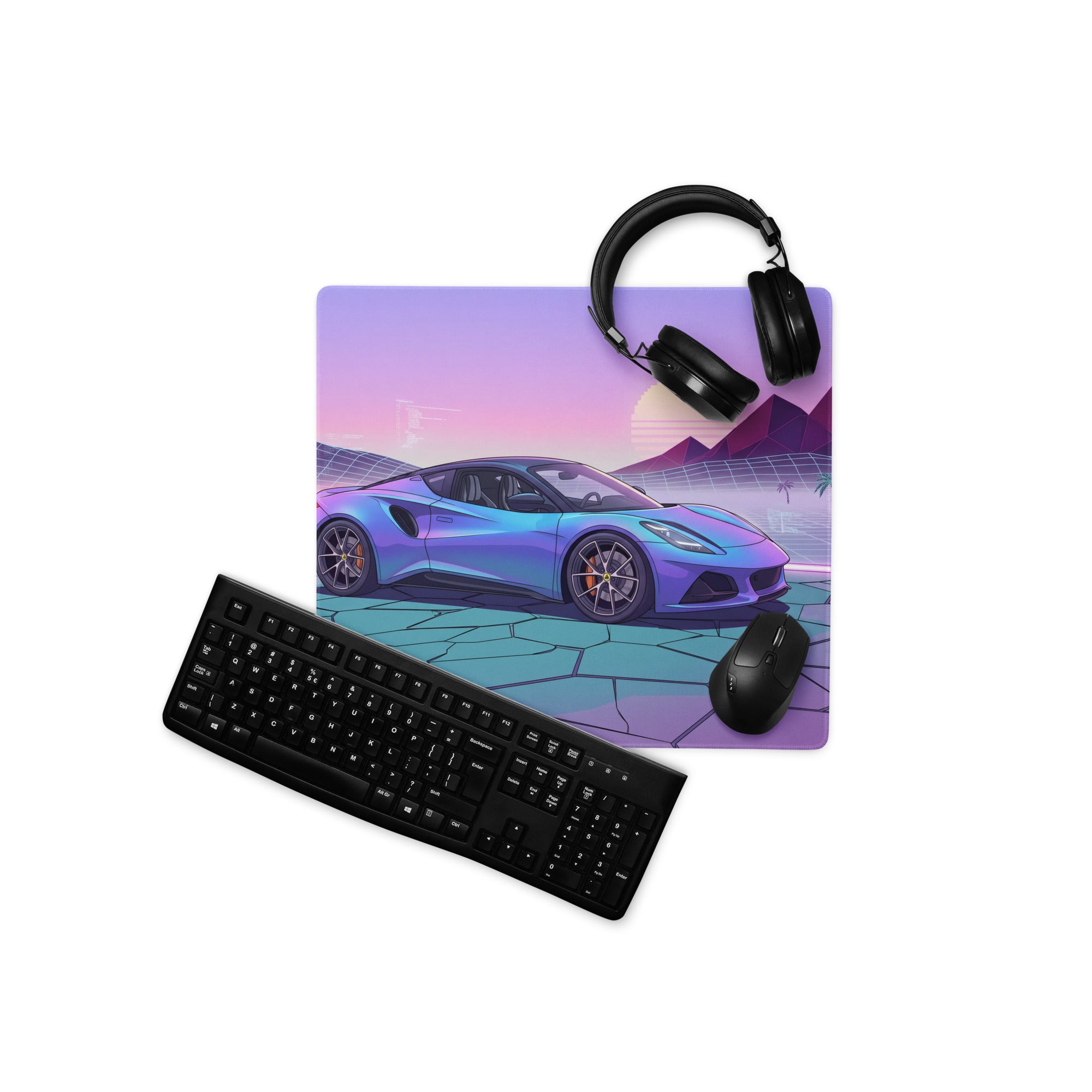 Lotus Emira Inspired Blue Purple Vaporwave Gaming Mouse Pad, Neon Mid-Engine Sports Car Desk Mat with Retro Futuristic Desert Sunset Artwork