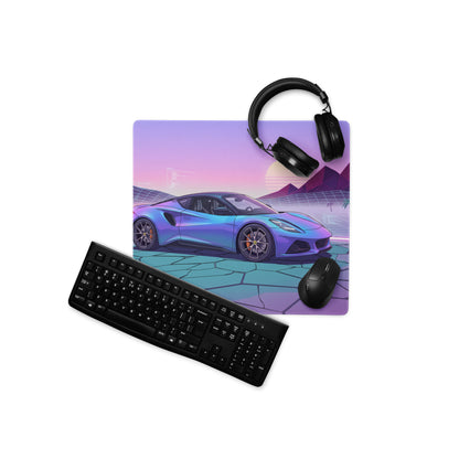 Lotus Emira Inspired Blue Purple Vaporwave Gaming Mouse Pad, Neon Mid-Engine Sports Car Desk Mat with Retro Futuristic Desert Sunset Artwork