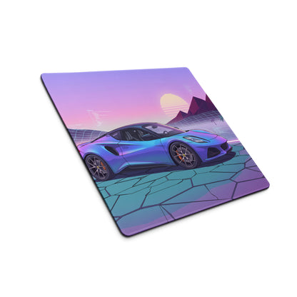 Lotus Emira Inspired Blue Purple Vaporwave Gaming Mouse Pad, Neon Mid-Engine Sports Car Desk Mat with Retro Futuristic Desert Sunset Artwork