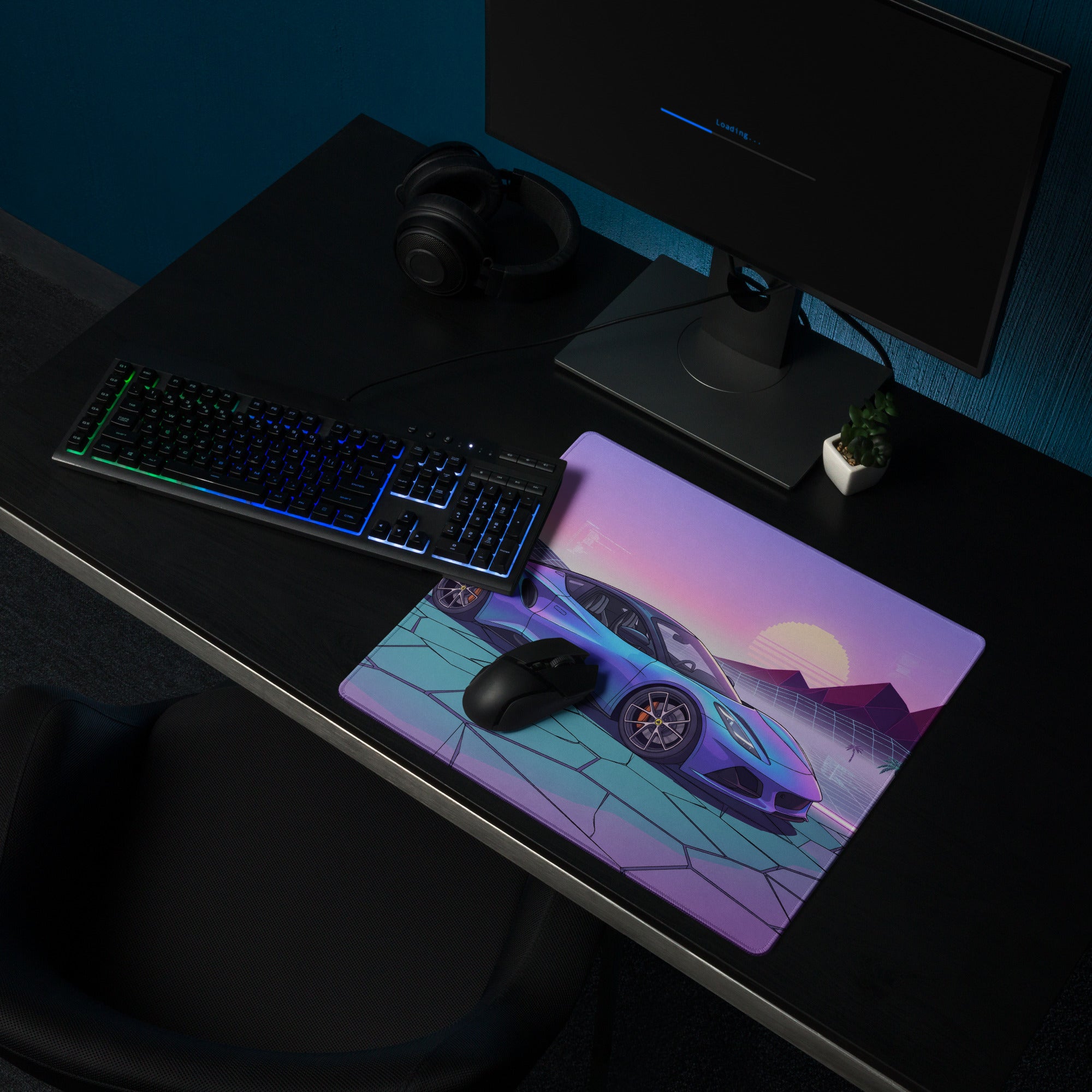 Lotus Emira Inspired Blue Purple Vaporwave Gaming Mouse Pad, Neon Mid-Engine Sports Car Desk Mat with Retro Futuristic Desert Sunset Artwork