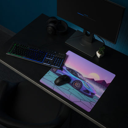 Lotus Emira Inspired Blue Purple Vaporwave Gaming Mouse Pad, Neon Mid-Engine Sports Car Desk Mat with Retro Futuristic Desert Sunset Artwork