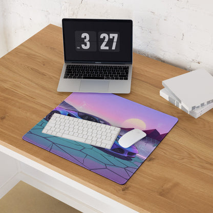 Lotus Emira Inspired Blue Purple Vaporwave Gaming Mouse Pad, Neon Mid-Engine Sports Car Desk Mat with Retro Futuristic Desert Sunset Artwork