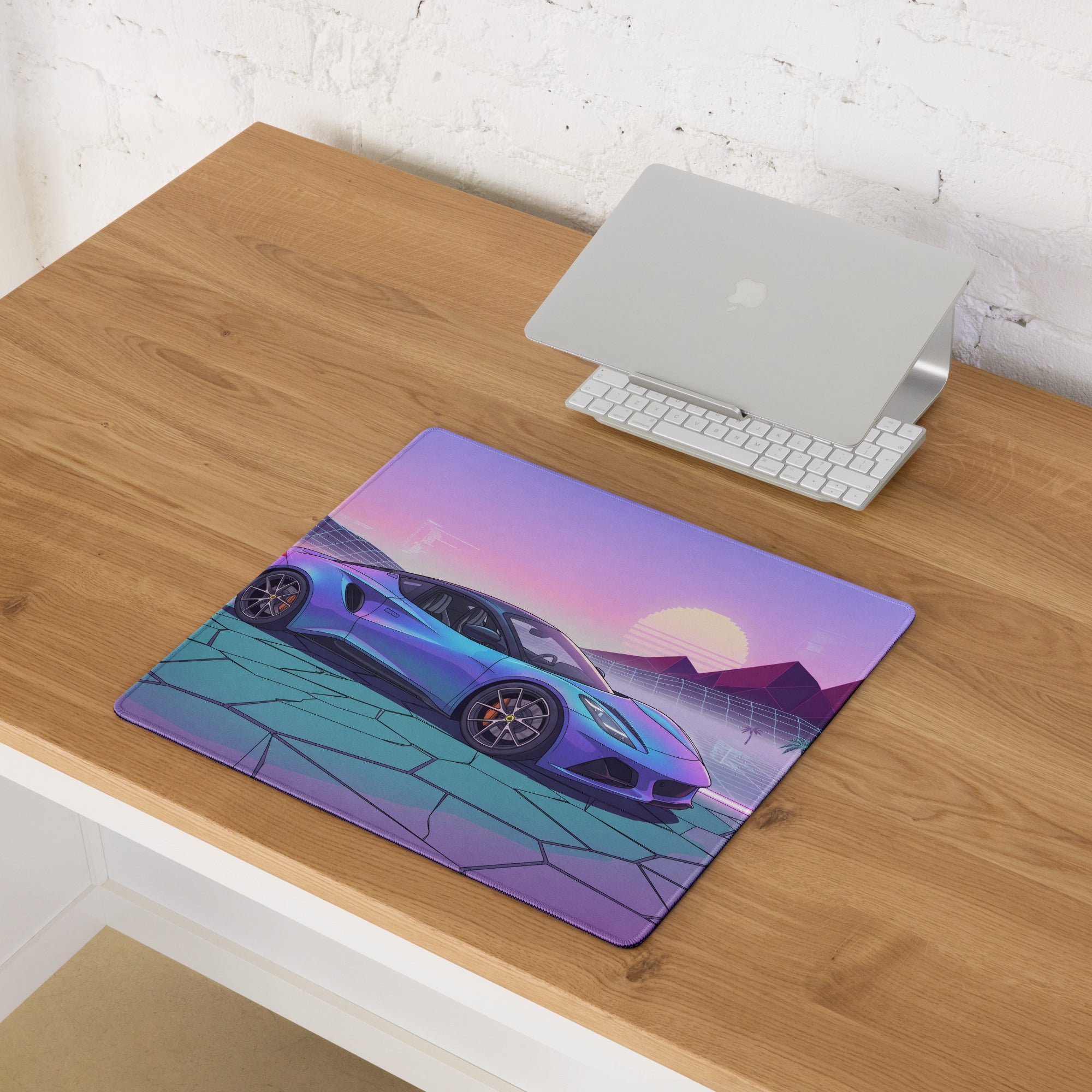 Lotus Emira Inspired Blue Purple Vaporwave Gaming Mouse Pad, Neon Mid-Engine Sports Car Desk Mat with Retro Futuristic Desert Sunset Artwork