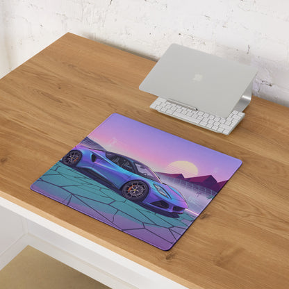 Lotus Emira Inspired Blue Purple Vaporwave Gaming Mouse Pad, Neon Mid-Engine Sports Car Desk Mat with Retro Futuristic Desert Sunset Artwork