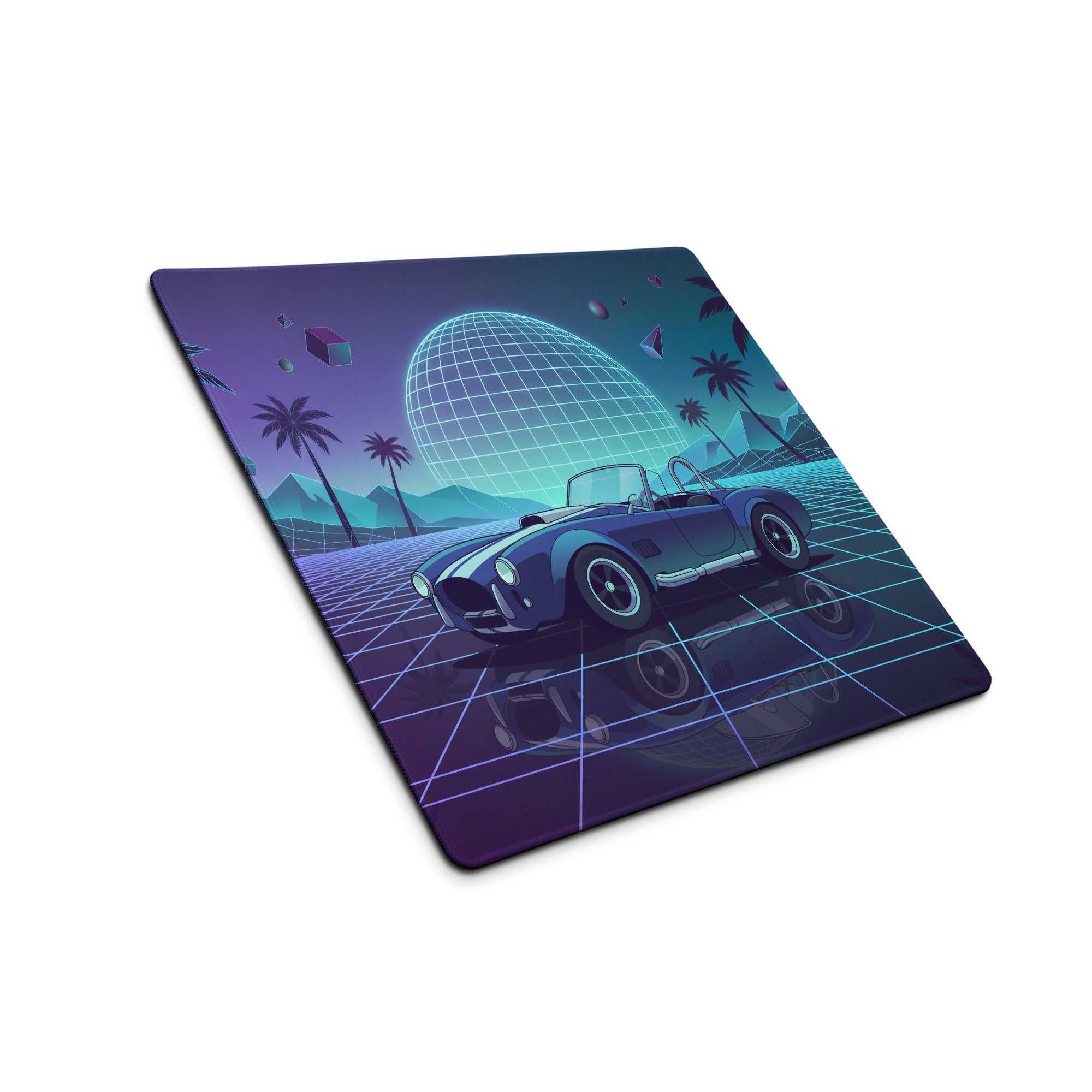 Shelby Cobra Inspired Blue Purple Vaporwave Gaming Mouse Pad, Retro Roadster Desk Mat with Neon Grid, Palm Trees and Futuristic Sunset Artwork