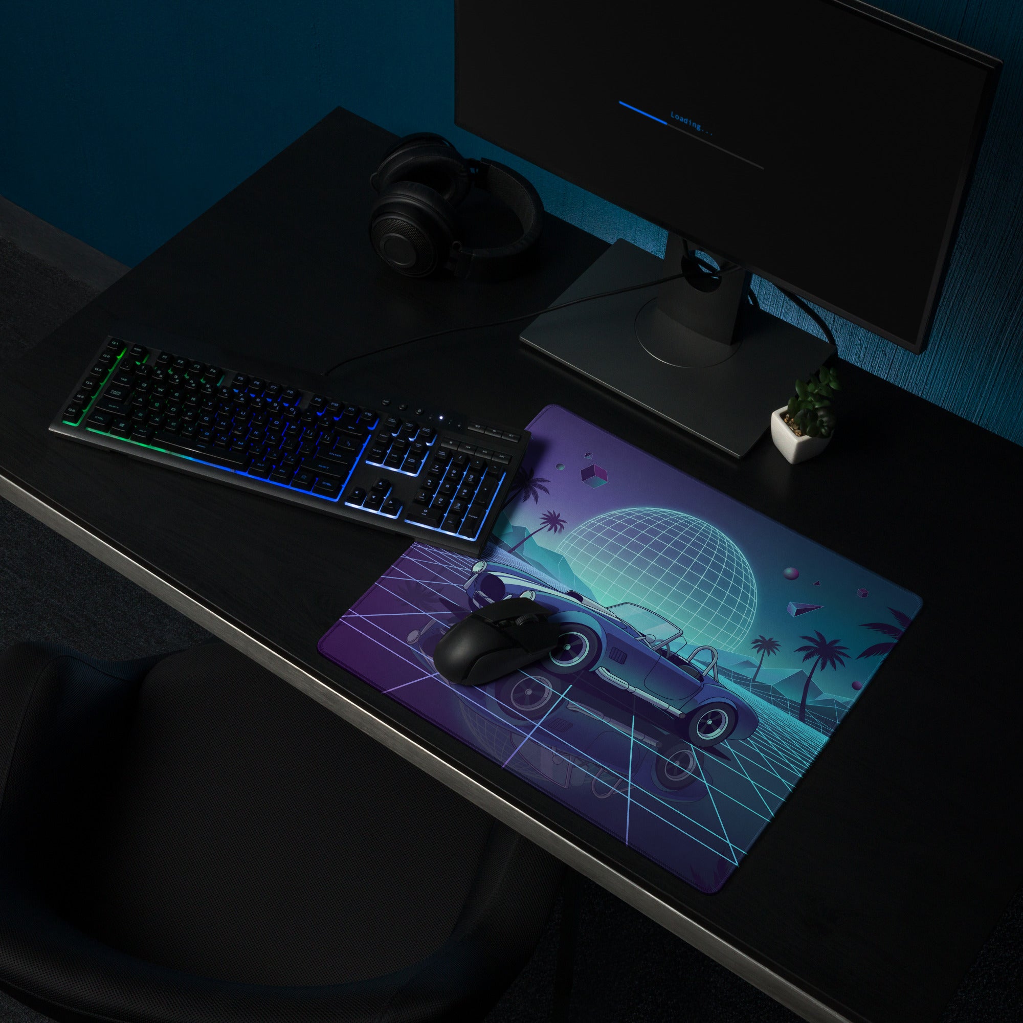 Shelby Cobra Inspired Blue Purple Vaporwave Gaming Mouse Pad, Retro Roadster Desk Mat with Neon Grid, Palm Trees and Futuristic Sunset Artwork