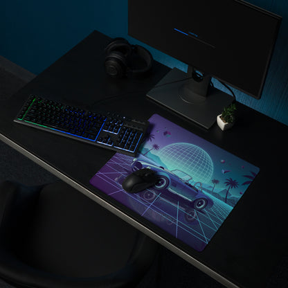 Shelby Cobra Inspired Blue Purple Vaporwave Gaming Mouse Pad, Retro Roadster Desk Mat with Neon Grid, Palm Trees and Futuristic Sunset Artwork