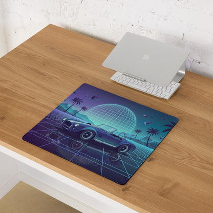 Shelby Cobra Inspired Blue Purple Vaporwave Gaming Mouse Pad, Retro Roadster Desk Mat with Neon Grid, Palm Trees and Futuristic Sunset Artwork