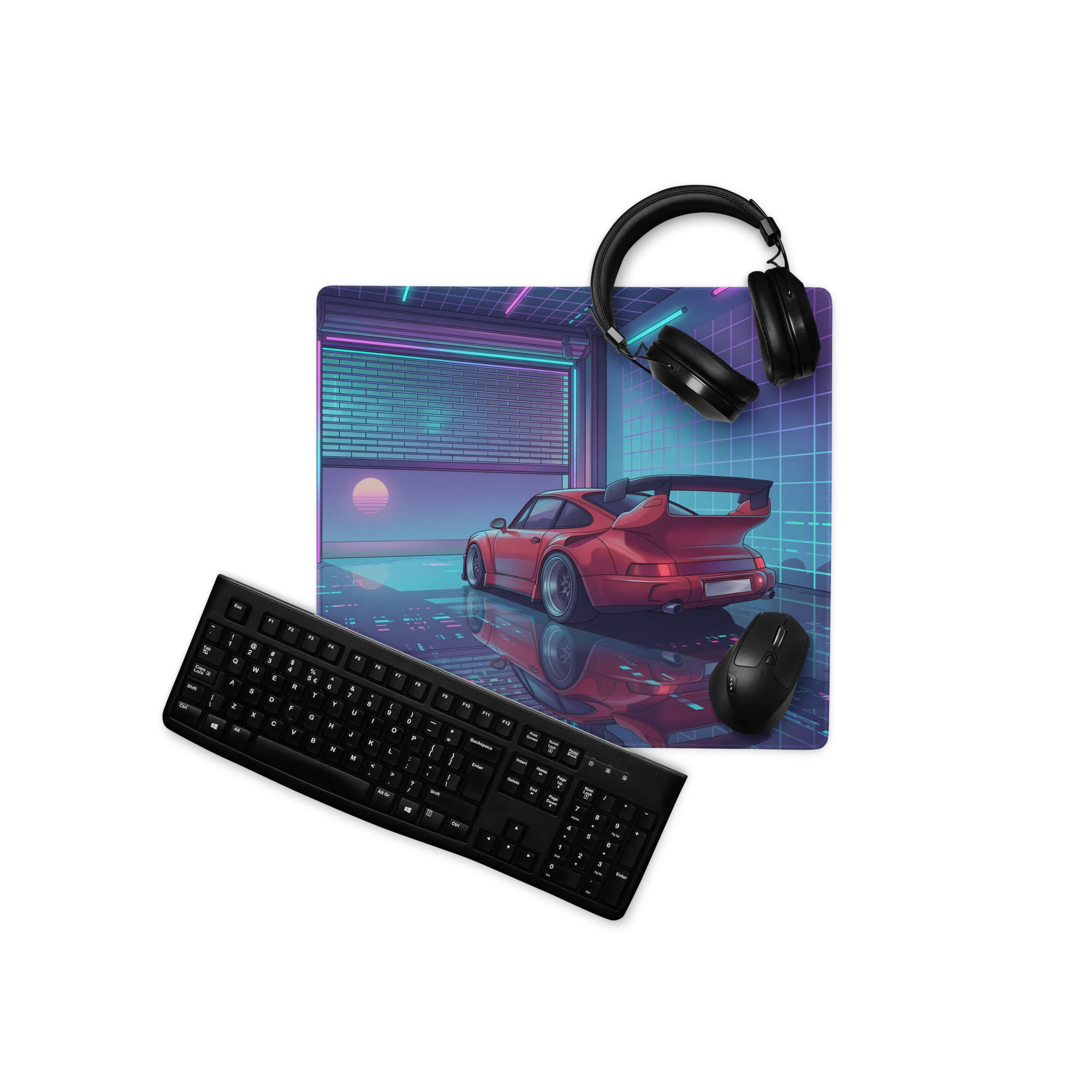 Porsche 911 Turbo 930 Classic Inspired Red Purple Vaporwave Gaming Mouse Pad, Retro Supercar Desk Mat with Neon Cyberpunk Garage Artwork