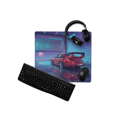Porsche 911 Turbo 930 Classic Inspired Red Purple Vaporwave Gaming Mouse Pad, Retro Supercar Desk Mat with Neon Cyberpunk Garage Artwork