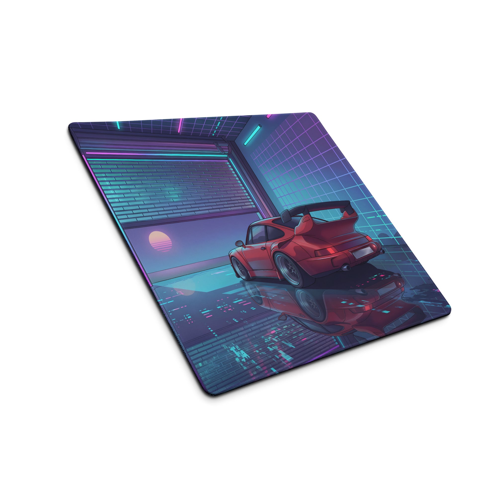 Porsche 911 Turbo 930 Classic Inspired Red Purple Vaporwave Gaming Mouse Pad, Retro Supercar Desk Mat with Neon Cyberpunk Garage Artwork