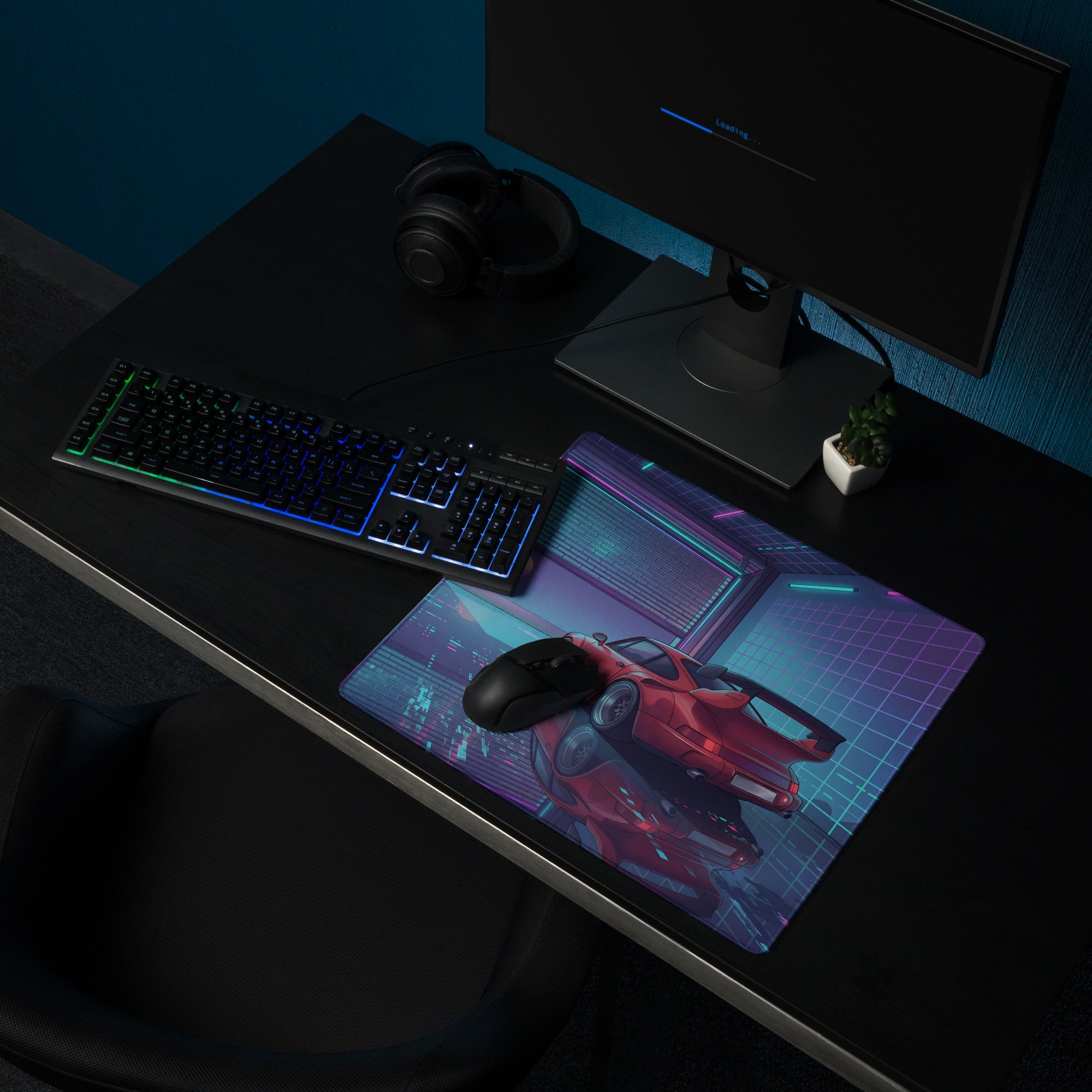 Porsche 911 Turbo 930 Classic Inspired Red Purple Vaporwave Gaming Mouse Pad, Retro Supercar Desk Mat with Neon Cyberpunk Garage Artwork