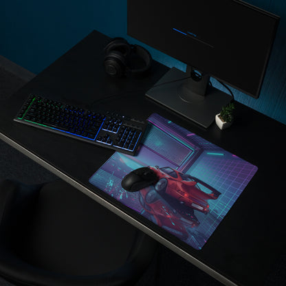 Porsche 911 Turbo 930 Classic Inspired Red Purple Vaporwave Gaming Mouse Pad, Retro Supercar Desk Mat with Neon Cyberpunk Garage Artwork