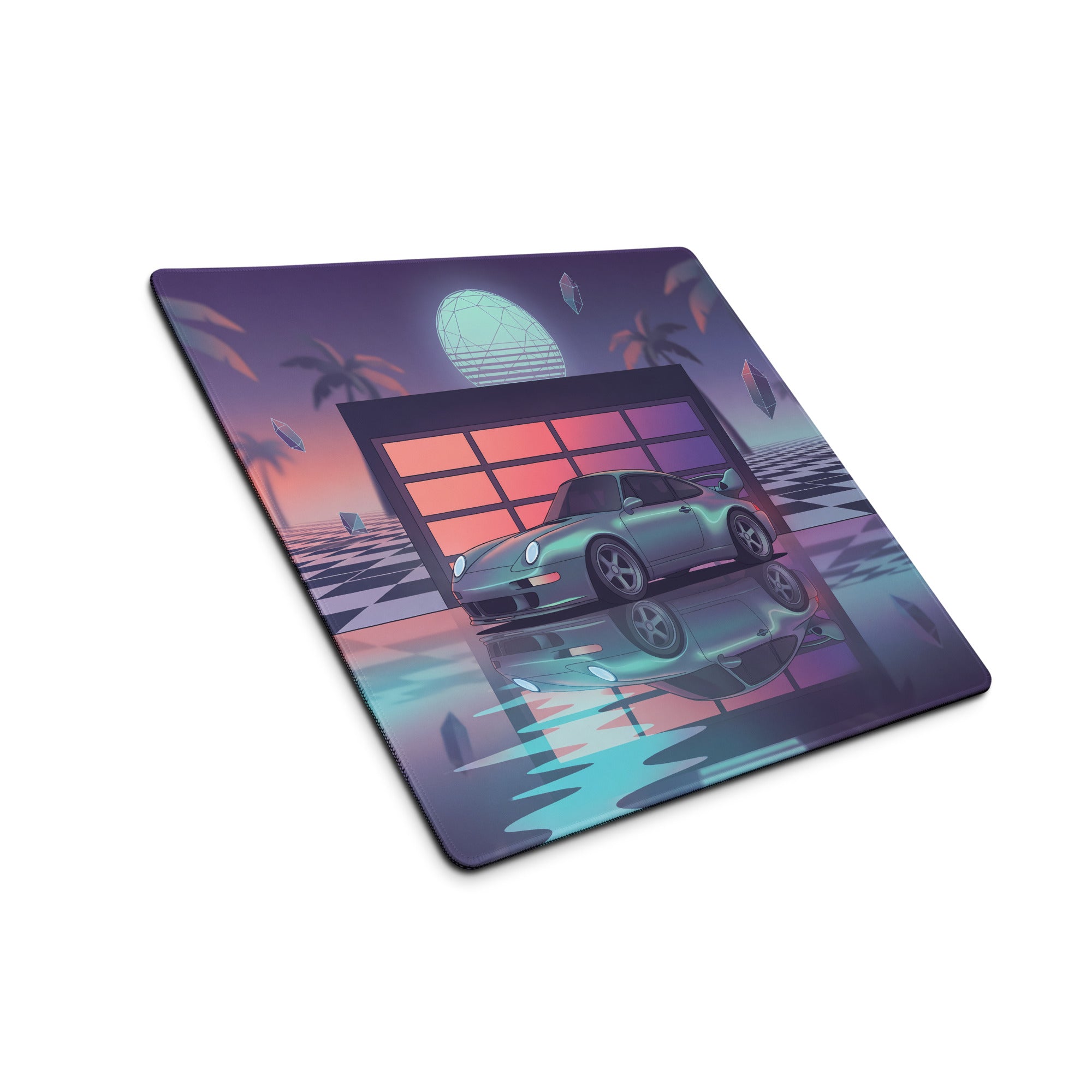 Porsche 911 Carrera 993 Inspired Silver Purple Vaporwave Gaming Mouse Pad, Retro Sports Car Desk Mat with Neon Garage and Palm Tree Artwork