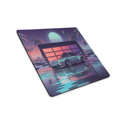 Porsche 911 Carrera 993 Inspired Silver Purple Vaporwave Gaming Mouse Pad, Retro Sports Car Desk Mat with Neon Garage and Palm Tree Artwork