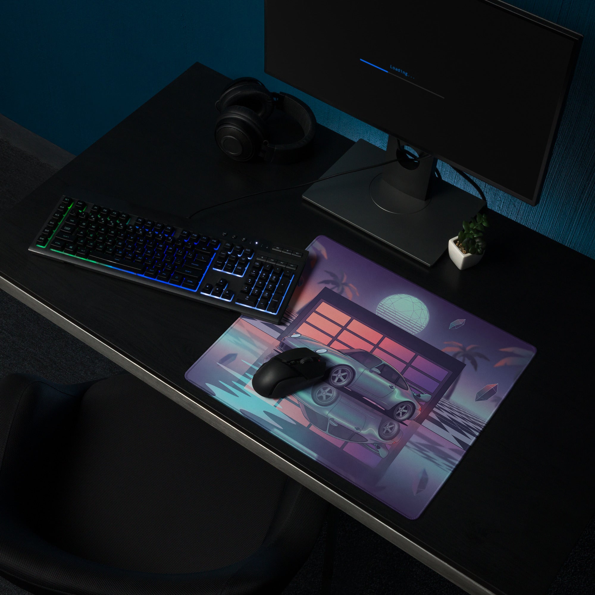 Porsche 911 Carrera 993 Inspired Silver Purple Vaporwave Gaming Mouse Pad, Retro Sports Car Desk Mat with Neon Garage and Palm Tree Artwork