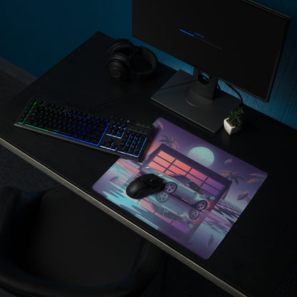Porsche 911 Carrera 993 Inspired Silver Purple Vaporwave Gaming Mouse Pad, Retro Sports Car Desk Mat with Neon Garage and Palm Tree Artwork