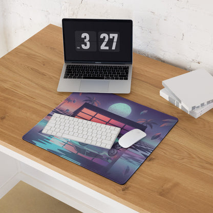 Porsche 911 Carrera 993 Inspired Silver Purple Vaporwave Gaming Mouse Pad, Retro Sports Car Desk Mat with Neon Garage and Palm Tree Artwork