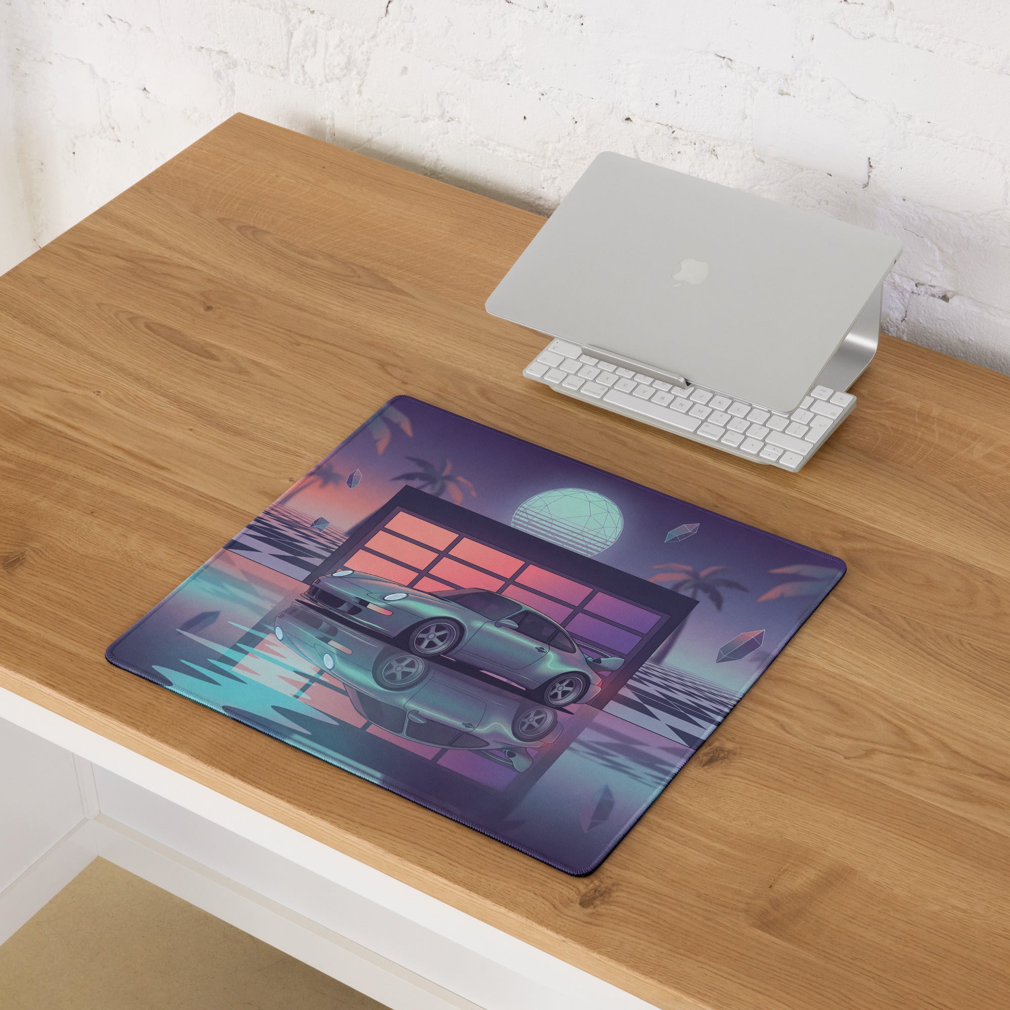 Porsche 911 Carrera 993 Inspired Silver Purple Vaporwave Gaming Mouse Pad, Retro Sports Car Desk Mat with Neon Garage and Palm Tree Artwork