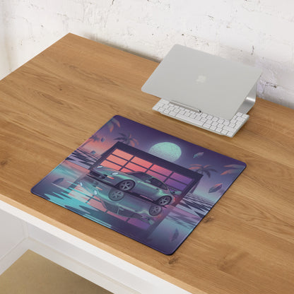 Porsche 911 Carrera 993 Inspired Silver Purple Vaporwave Gaming Mouse Pad, Retro Sports Car Desk Mat with Neon Garage and Palm Tree Artwork