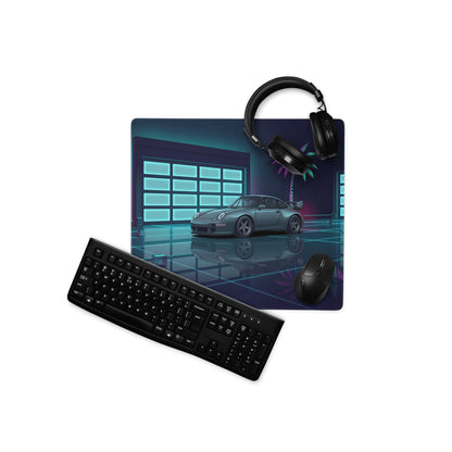 Porsche 911 GT2 996 Inspired Silver Teal Vaporwave Gaming Mouse Pad, Neon Supercar Desk Mat with Retro Futuristic Palm Tree Garage Artwork