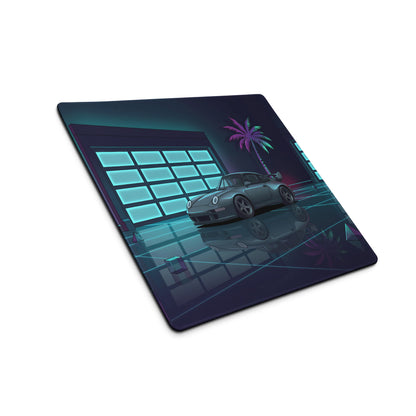 Porsche 911 GT2 996 Inspired Silver Teal Vaporwave Gaming Mouse Pad, Neon Supercar Desk Mat with Retro Futuristic Palm Tree Garage Artwork