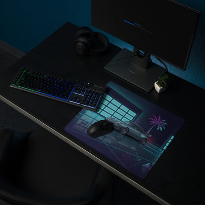 Porsche 911 GT2 996 Inspired Silver Teal Vaporwave Gaming Mouse Pad, Neon Supercar Desk Mat with Retro Futuristic Palm Tree Garage Artwork