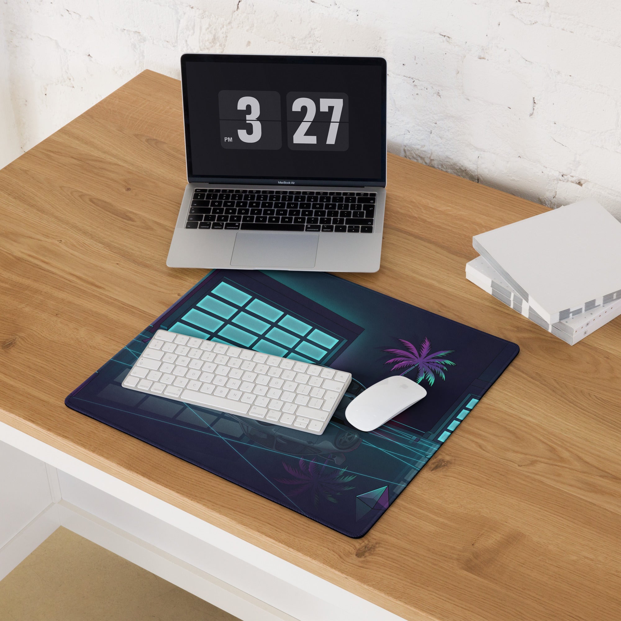 Porsche 911 GT2 996 Inspired Silver Teal Vaporwave Gaming Mouse Pad, Neon Supercar Desk Mat with Retro Futuristic Palm Tree Garage Artwork
