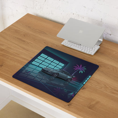 Porsche 911 GT2 996 Inspired Silver Teal Vaporwave Gaming Mouse Pad, Neon Supercar Desk Mat with Retro Futuristic Palm Tree Garage Artwork