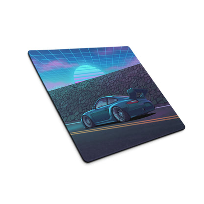 RWB Porsche 911 Inspired Teal Blue Vaporwave Gaming Mouse Pad, Neon Supercar Desk Mat with Retro Futuristic Grid Sunset Artwork