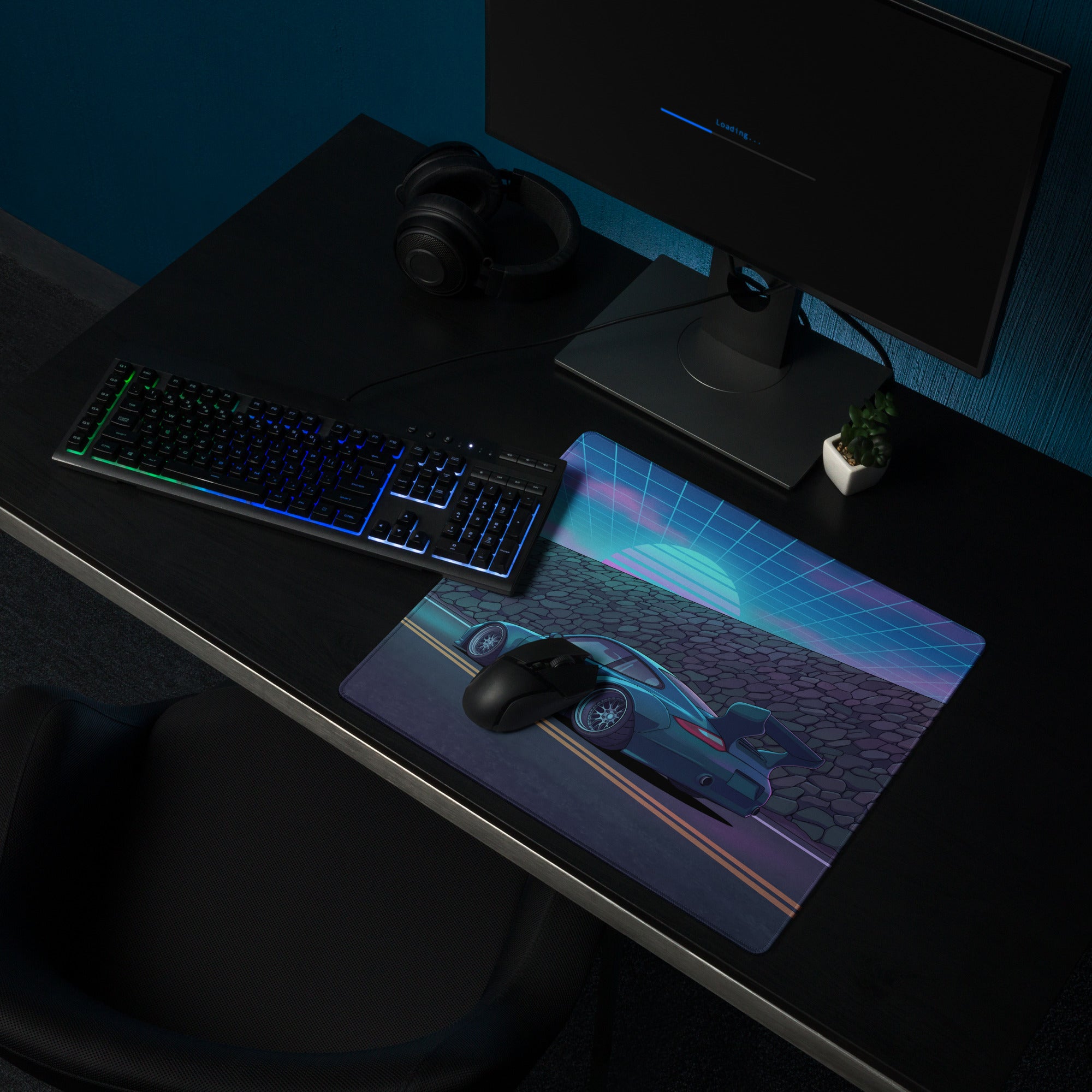 RWB Porsche 911 Inspired Teal Blue Vaporwave Gaming Mouse Pad, Neon Supercar Desk Mat with Retro Futuristic Grid Sunset Artwork