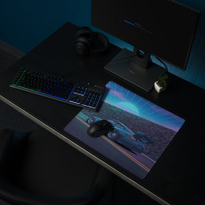 RWB Porsche 911 Inspired Teal Blue Vaporwave Gaming Mouse Pad, Neon Supercar Desk Mat with Retro Futuristic Grid Sunset Artwork