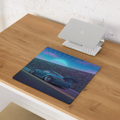 RWB Porsche 911 Inspired Teal Blue Vaporwave Gaming Mouse Pad, Neon Supercar Desk Mat with Retro Futuristic Grid Sunset Artwork