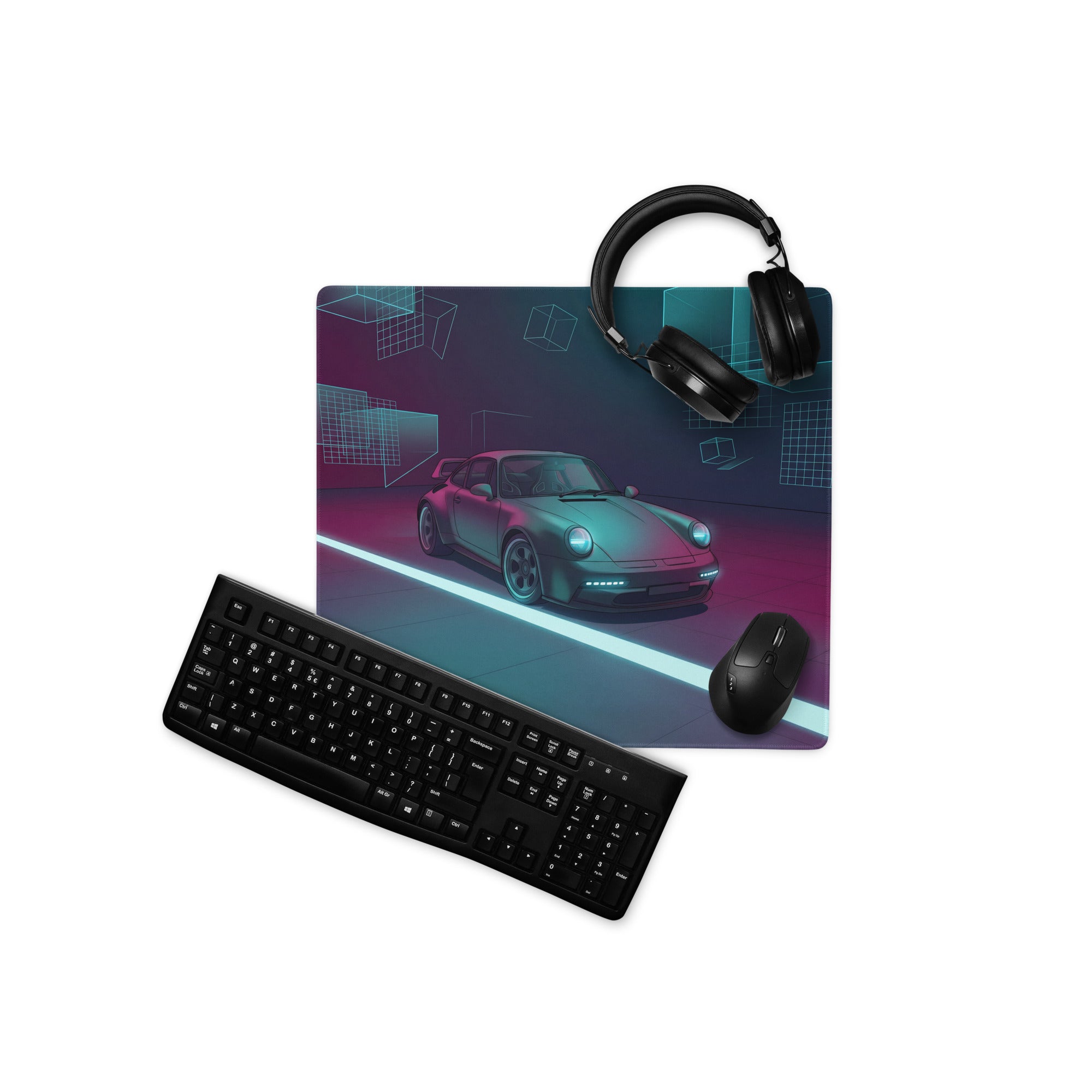 Porsche 911 Turbo 964 Inspired Teal Purple Vaporwave Gaming Mouse Pad, Neon Classic Supercar Desk Mat with Futuristic Geometric Garage Artwork