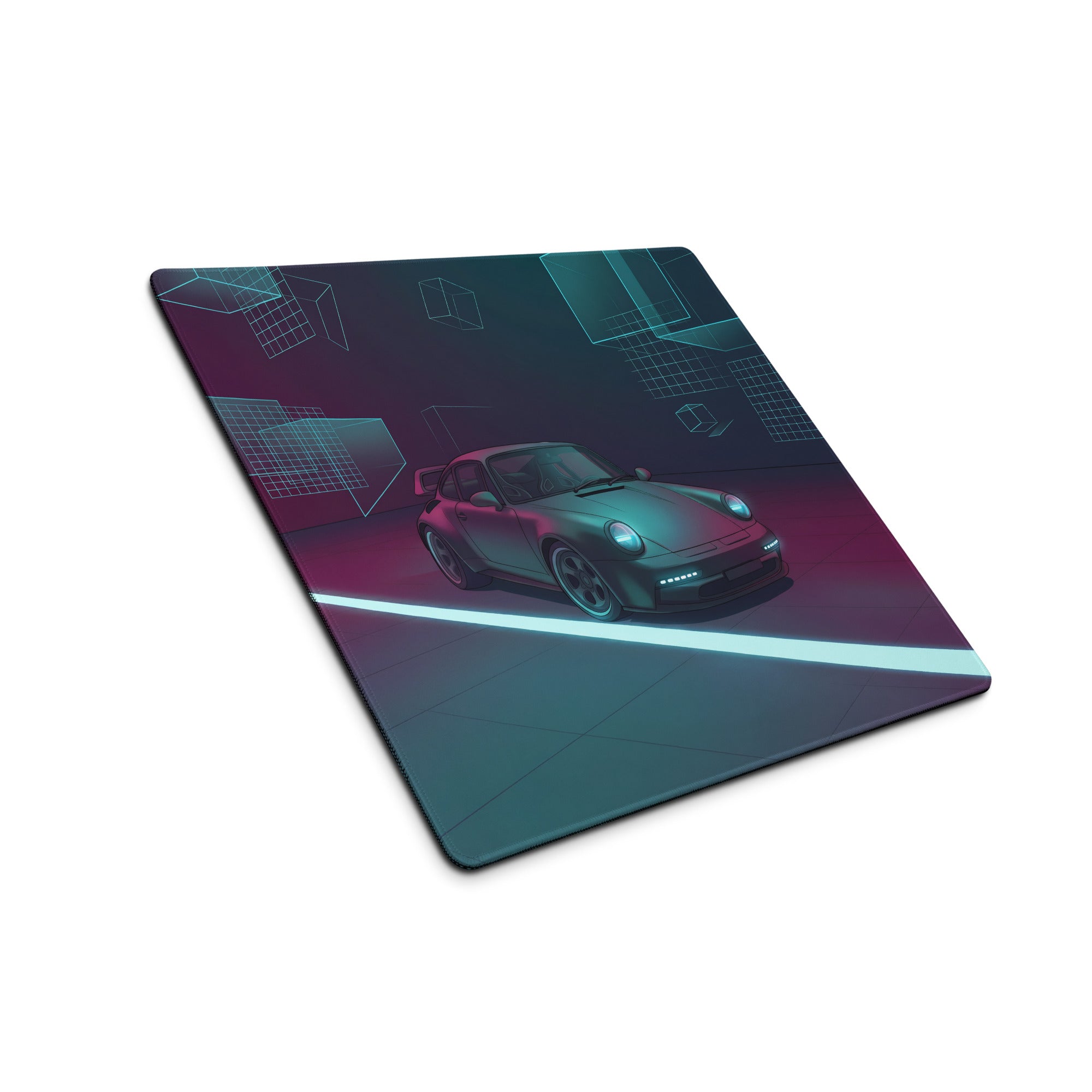 Porsche 911 Turbo 964 Inspired Teal Purple Vaporwave Gaming Mouse Pad, Neon Classic Supercar Desk Mat with Futuristic Geometric Garage Artwork
