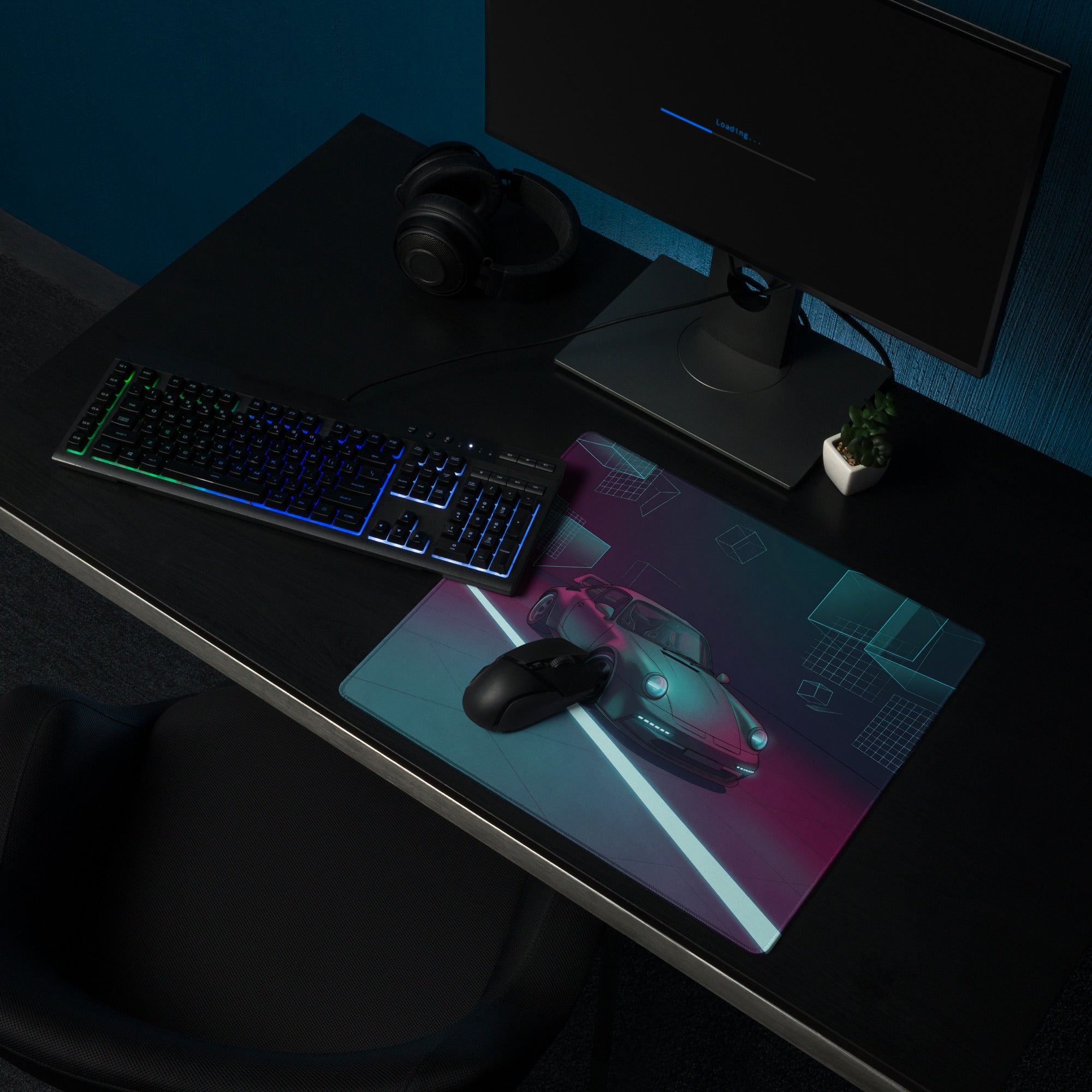 Porsche 911 Turbo 964 Inspired Teal Purple Vaporwave Gaming Mouse Pad, Neon Classic Supercar Desk Mat with Futuristic Geometric Garage Artwork