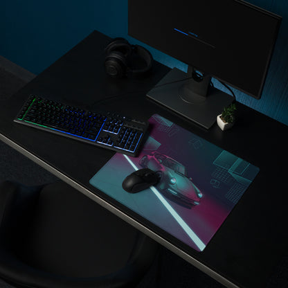 Porsche 911 Turbo 964 Inspired Teal Purple Vaporwave Gaming Mouse Pad, Neon Classic Supercar Desk Mat with Futuristic Geometric Garage Artwork