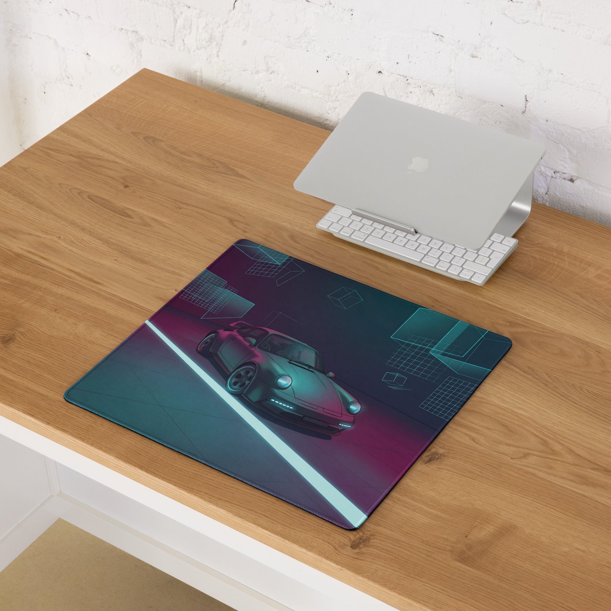 Porsche 911 Turbo 964 Inspired Teal Purple Vaporwave Gaming Mouse Pad, Neon Classic Supercar Desk Mat with Futuristic Geometric Garage Artwork