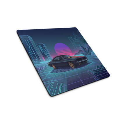 Dodge Charger R/T Inspired Black Blue Vaporwave Gaming Mouse Pad, Retro Muscle Car Desk Mat with Neon Cyberpunk Grid and Futuristic Sunset Artwork