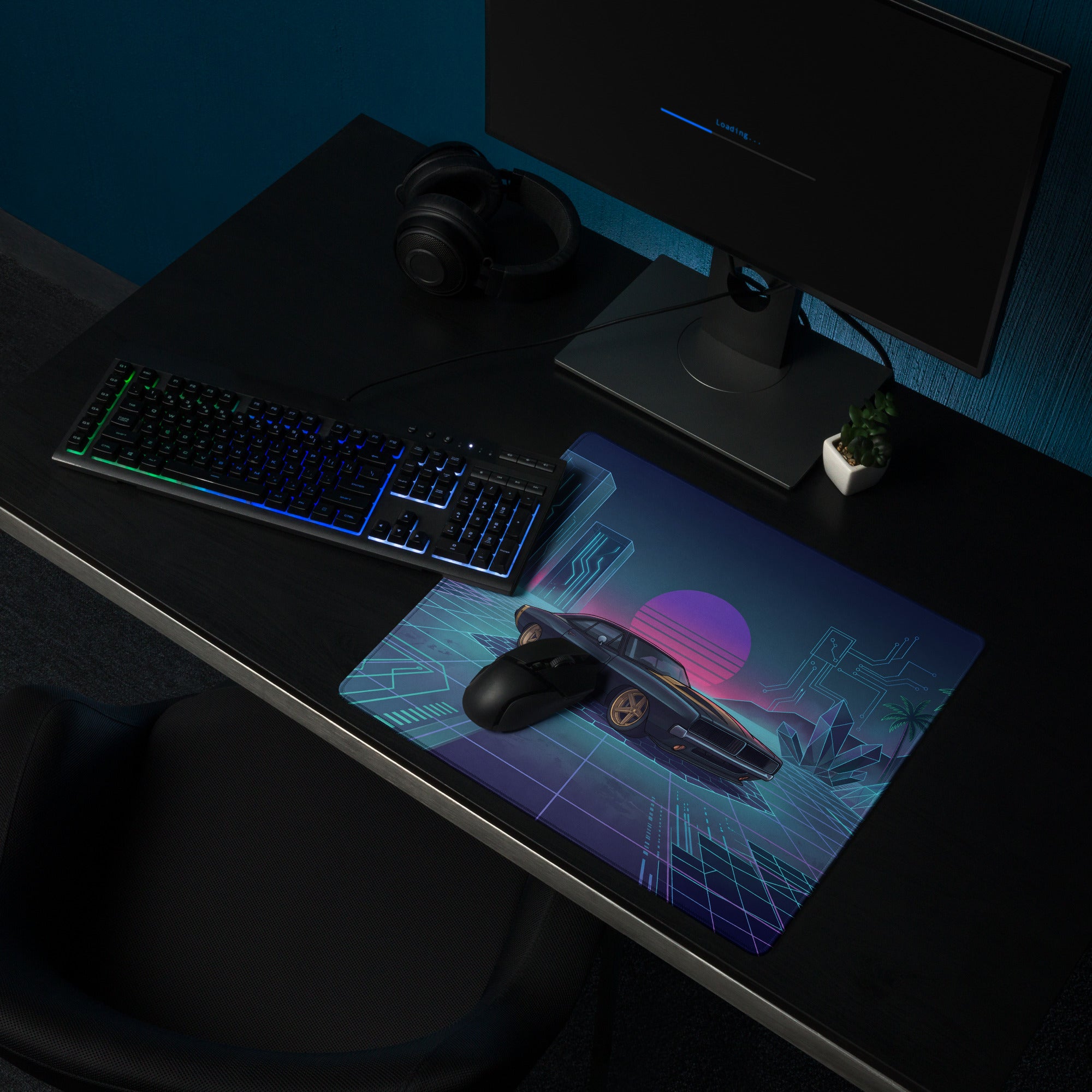 Dodge Charger R/T Inspired Black Blue Vaporwave Gaming Mouse Pad, Retro Muscle Car Desk Mat with Neon Cyberpunk Grid and Futuristic Sunset Artwork