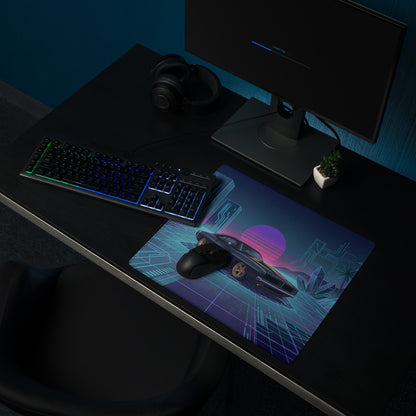 Dodge Charger R/T Inspired Black Blue Vaporwave Gaming Mouse Pad, Retro Muscle Car Desk Mat with Neon Cyberpunk Grid and Futuristic Sunset Artwork