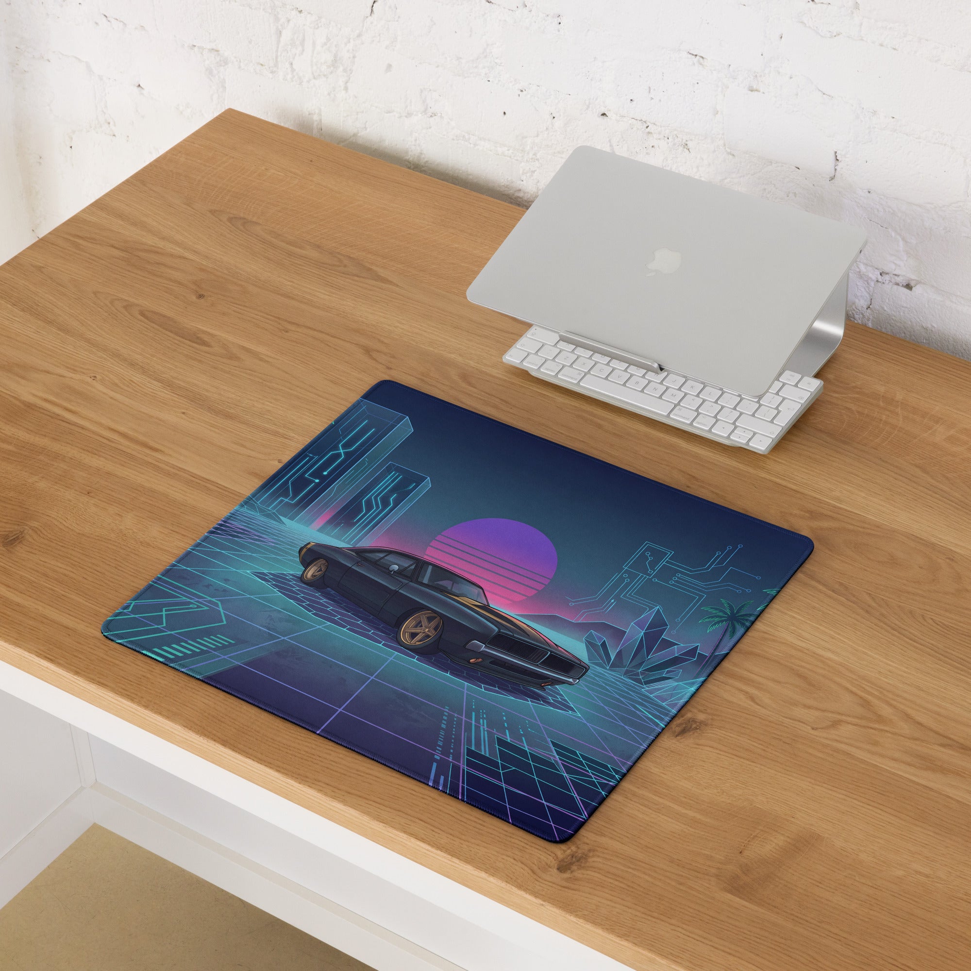 Dodge Charger R/T Inspired Black Blue Vaporwave Gaming Mouse Pad, Retro Muscle Car Desk Mat with Neon Cyberpunk Grid and Futuristic Sunset Artwork