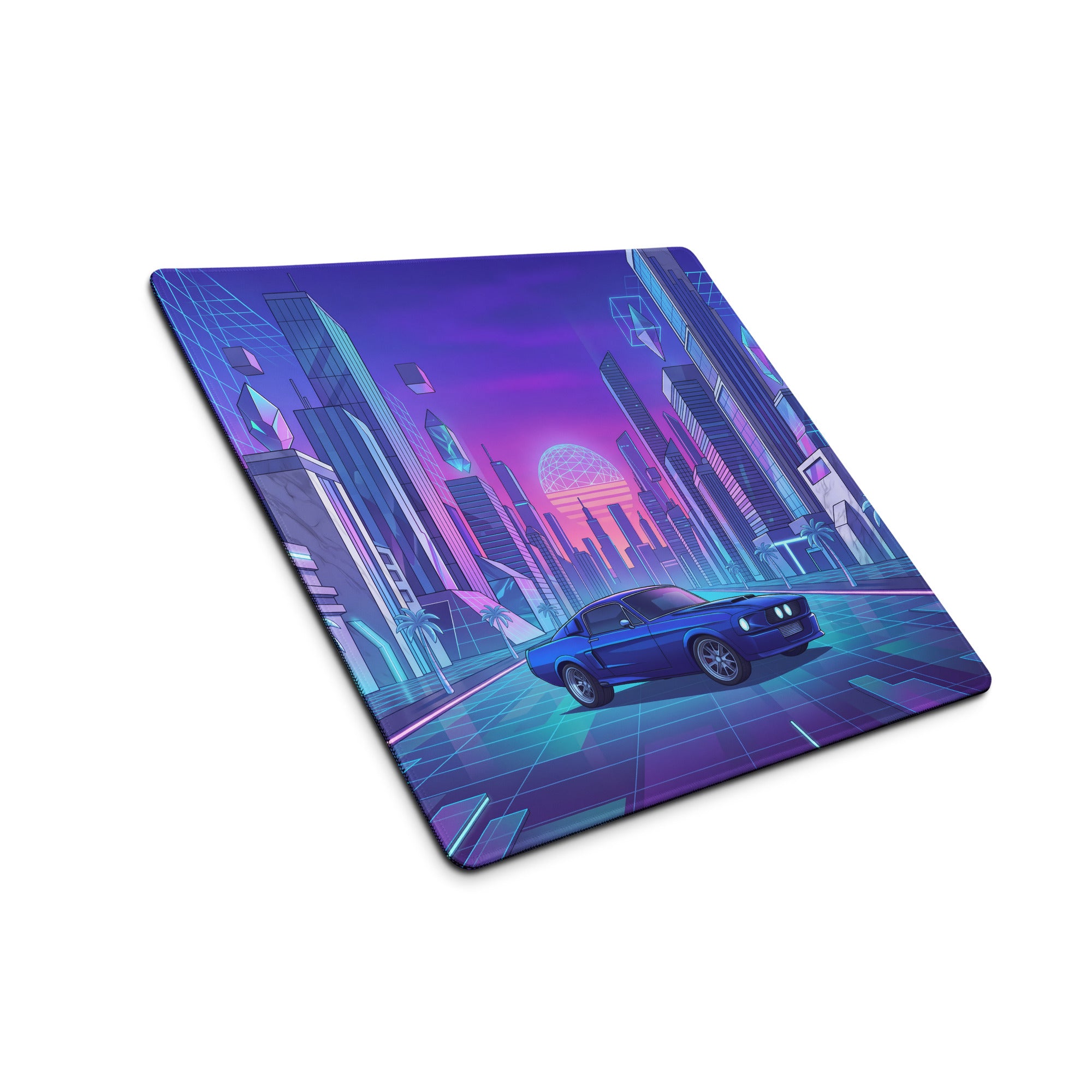 Ford Mustang Boss 302 Inspired Blue Purple Vaporwave Gaming Mouse Pad, Retro Muscle Car Desk Mat with Neon Futuristic City Artwork